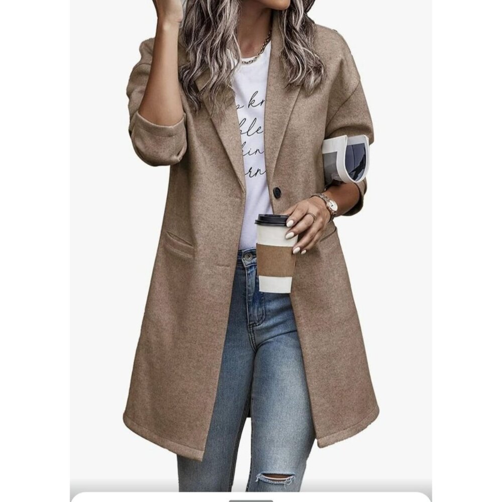 Pretty Garden Womens Long Wool Blend Shacket Pockets Button Closure Tan Size XL